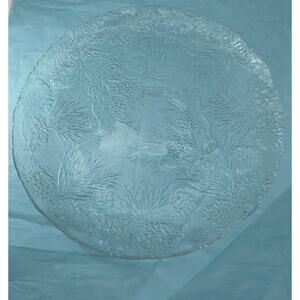 Vintage Holiday Glass Platter Pine Cones Bows Evergreens Clear 12" Diameter